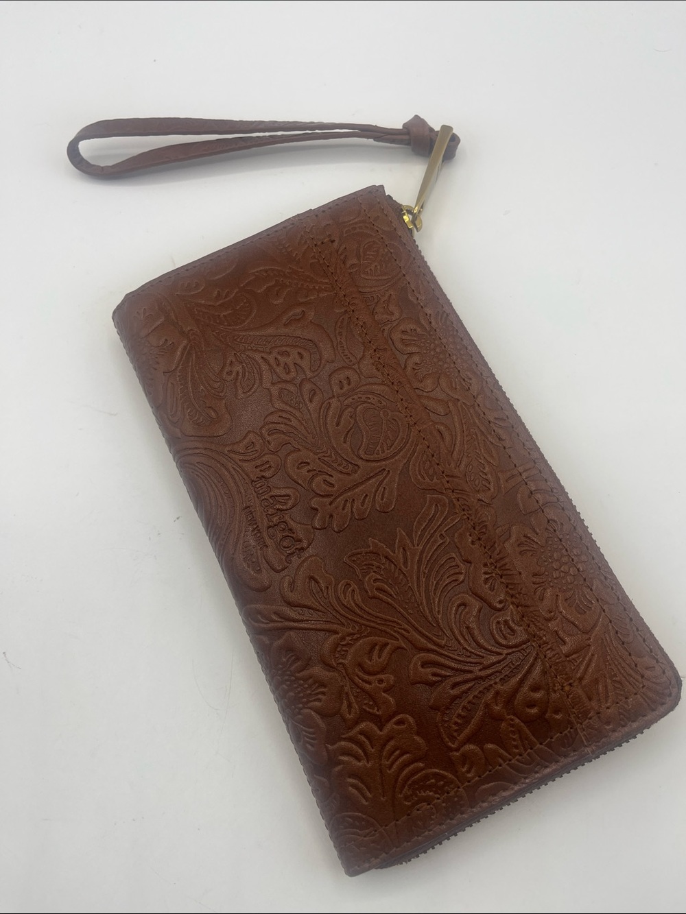 margot Embossed Brown Leather Wristlet Wallet with Floral Pattern
